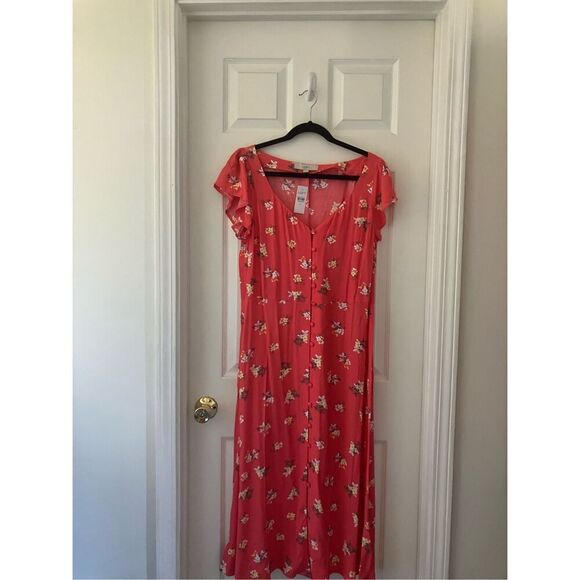 Loft Floral Cap Sleeve Button Midi Dress Coral size 12 *Semi-sheer* - Picture 1 of 7